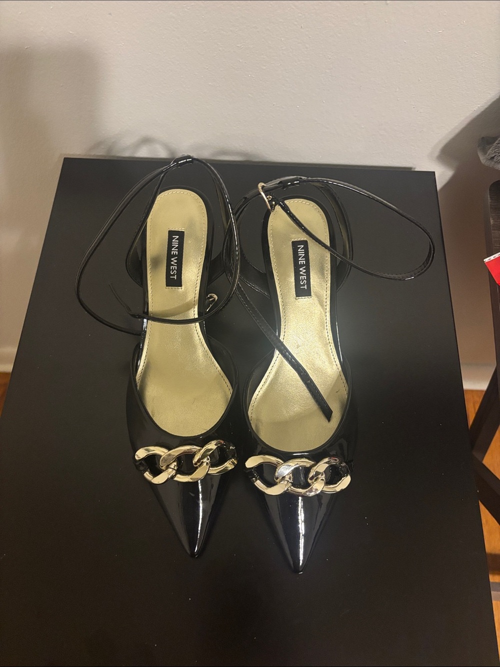 Nine West Black Patent Pointed Ankle-Strap Pumps with Gold Chain Accent